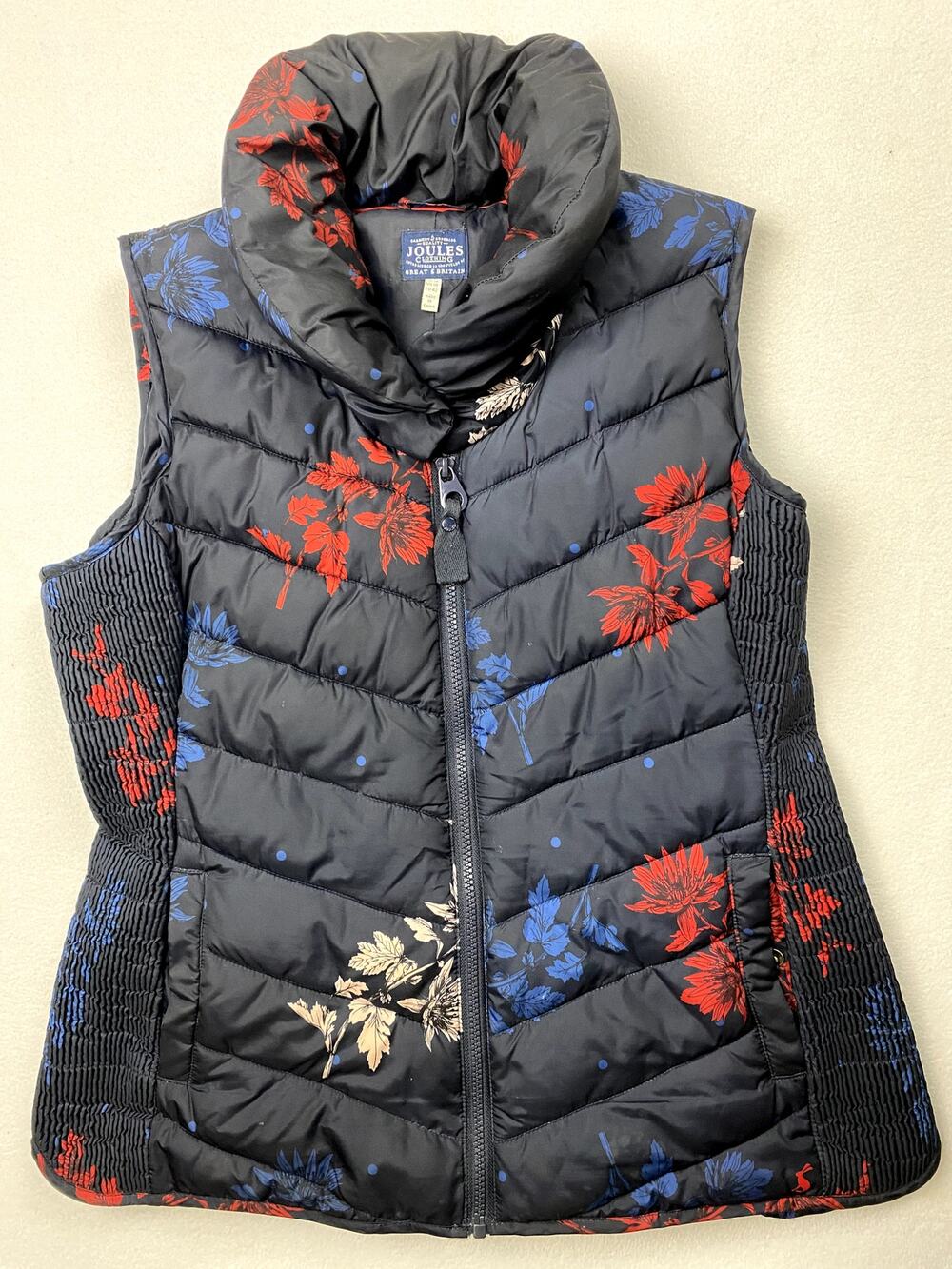 Joules Women 10 Blue Floral Quilted Puffer Vest Gilet High Stand Collar Full Zip